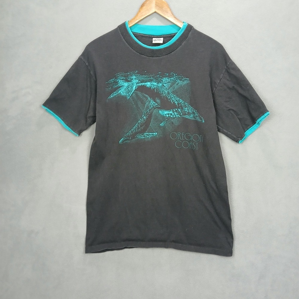 VTG Signal Mega-Tee Mens Large Black Teal Cotton Preshrunk Oregon Coast Whale